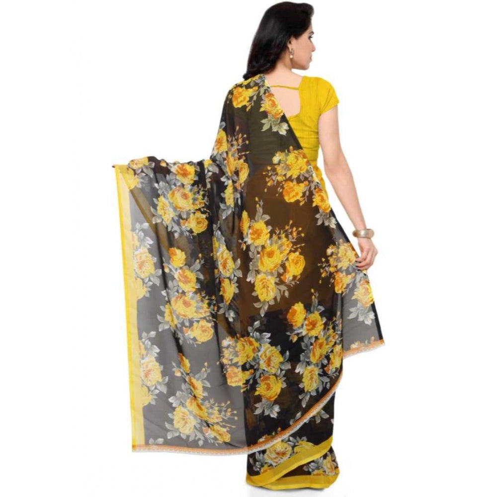 Printed Faux Georgette Yellow Color Saree - Noble Nook