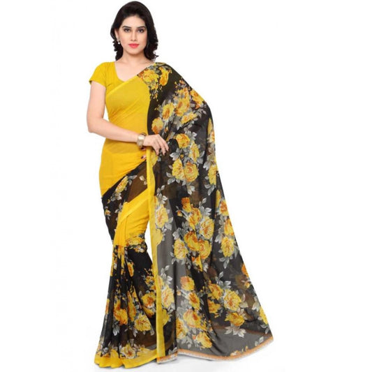 Printed Faux Georgette Yellow Color Saree - Noble Nook