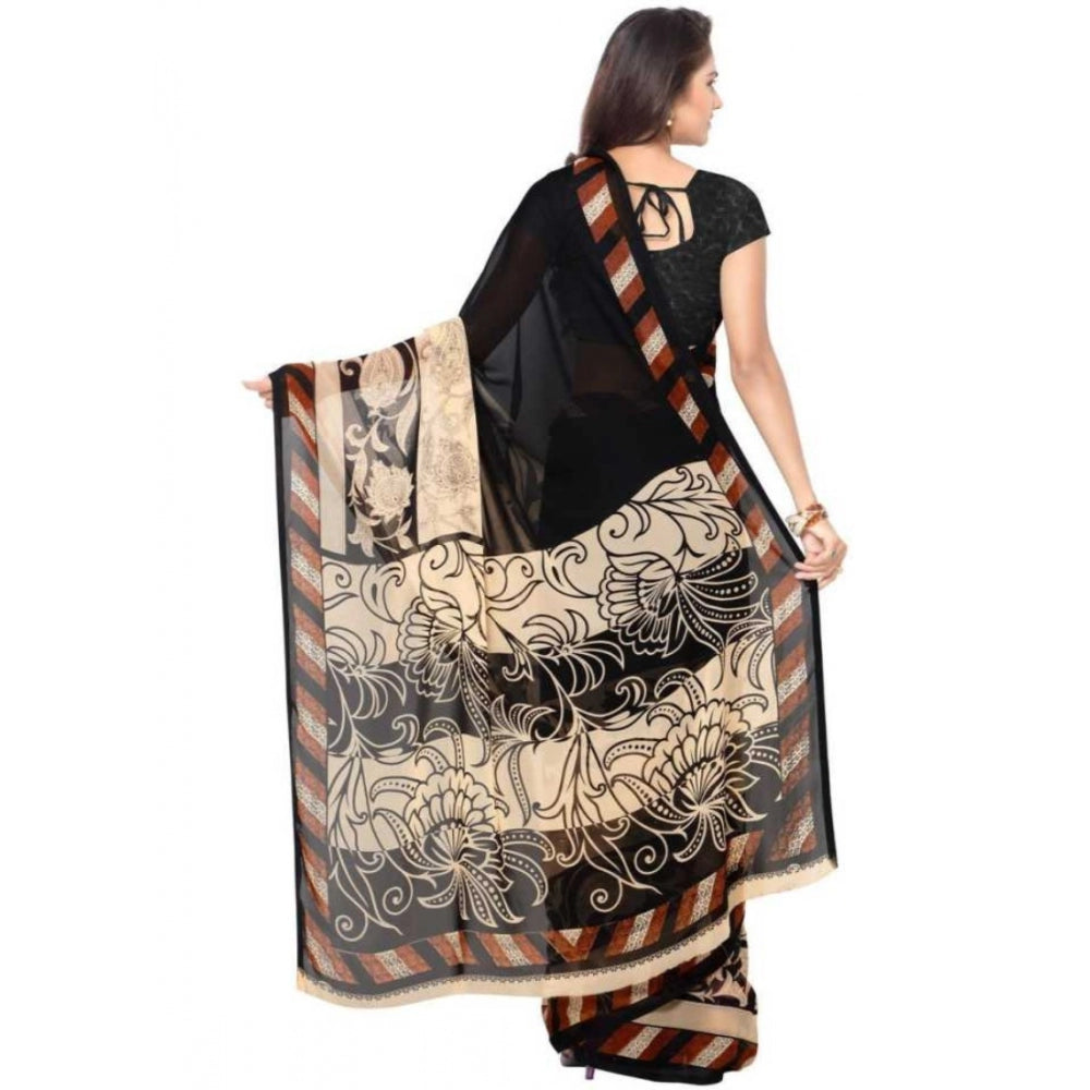 Printed Faux Georgette Black Color Saree - Noble Nook