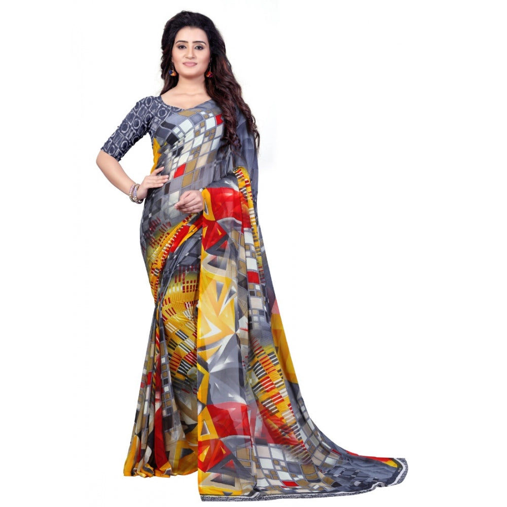 Printed Faux Georgette Grey Color Saree - Noble Nook