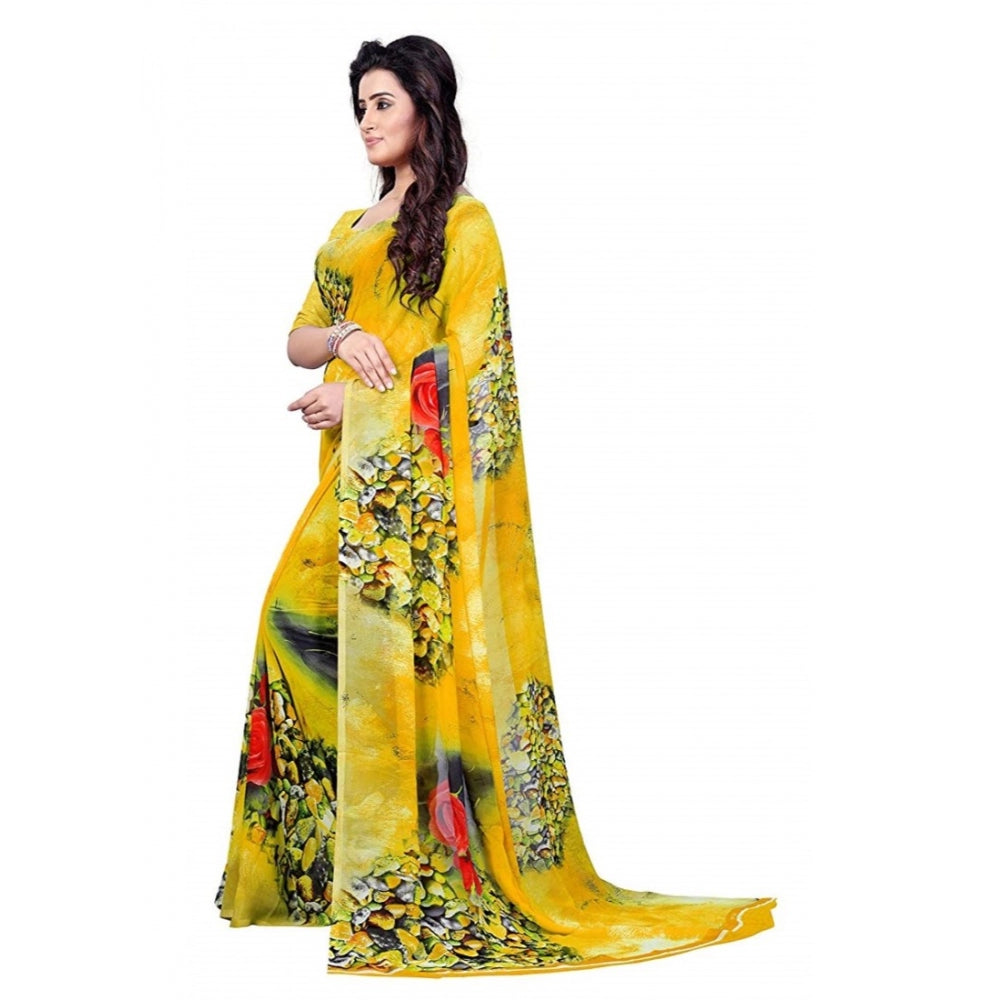 Printed Faux Georgette Yellow Color Saree - Noble Nook