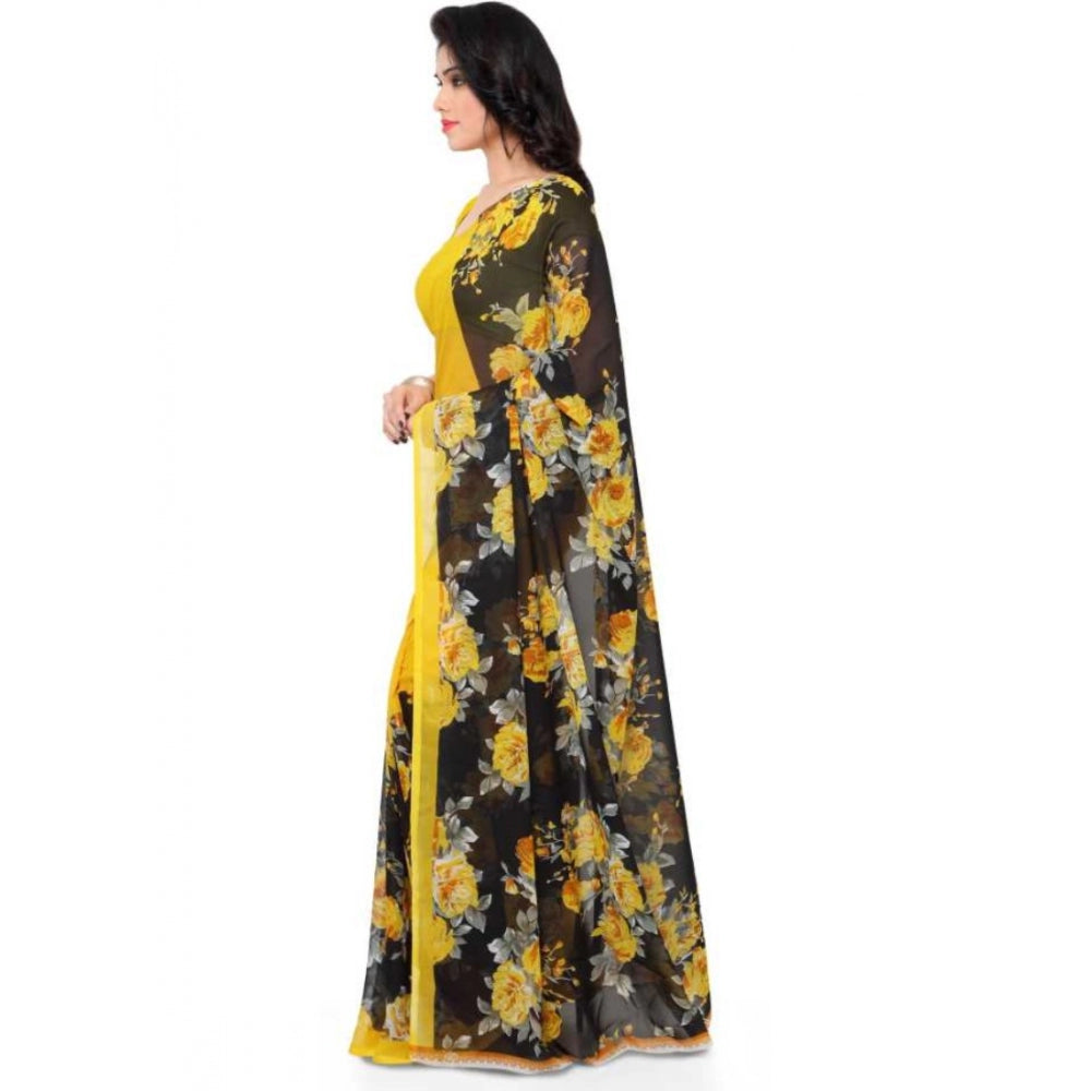 Printed Faux Georgette Yellow Color Saree - Noble Nook