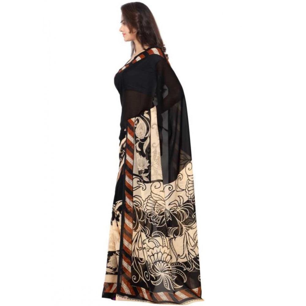 Printed Faux Georgette Black Color Saree - Noble Nook