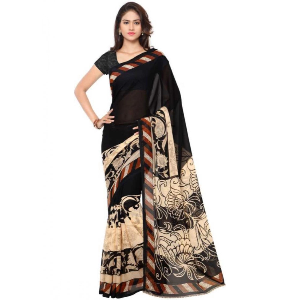 Printed Faux Georgette Black Color Saree - Noble Nook