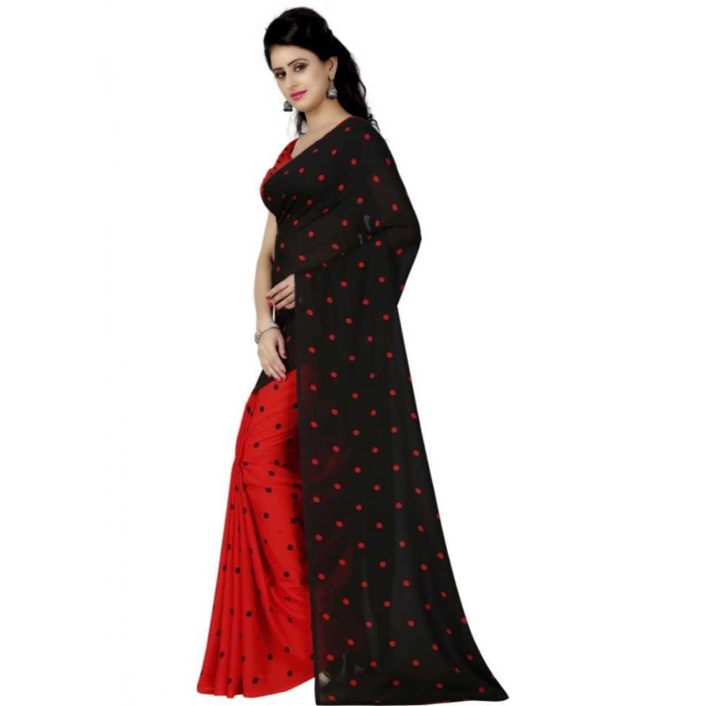 Printed Faux Georgette Red black Color Saree - Noble Nook