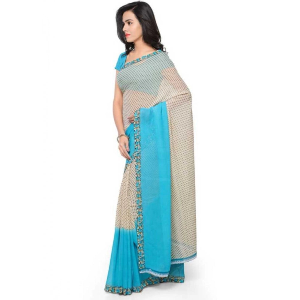 Printed Faux Georgette Blue Color Saree - Noble Nook