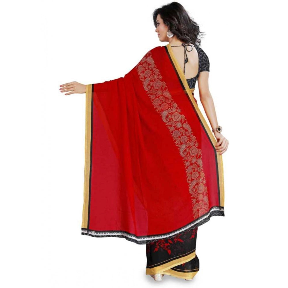 Printed Faux Georgette Red Color Saree - Noble Nook