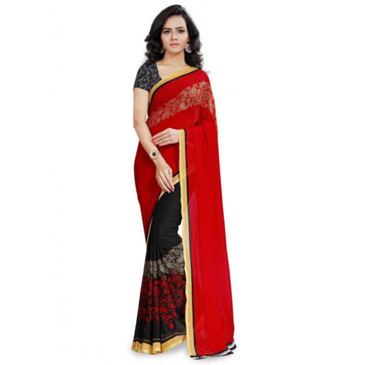 Printed Faux Georgette Red Color Saree - Noble Nook