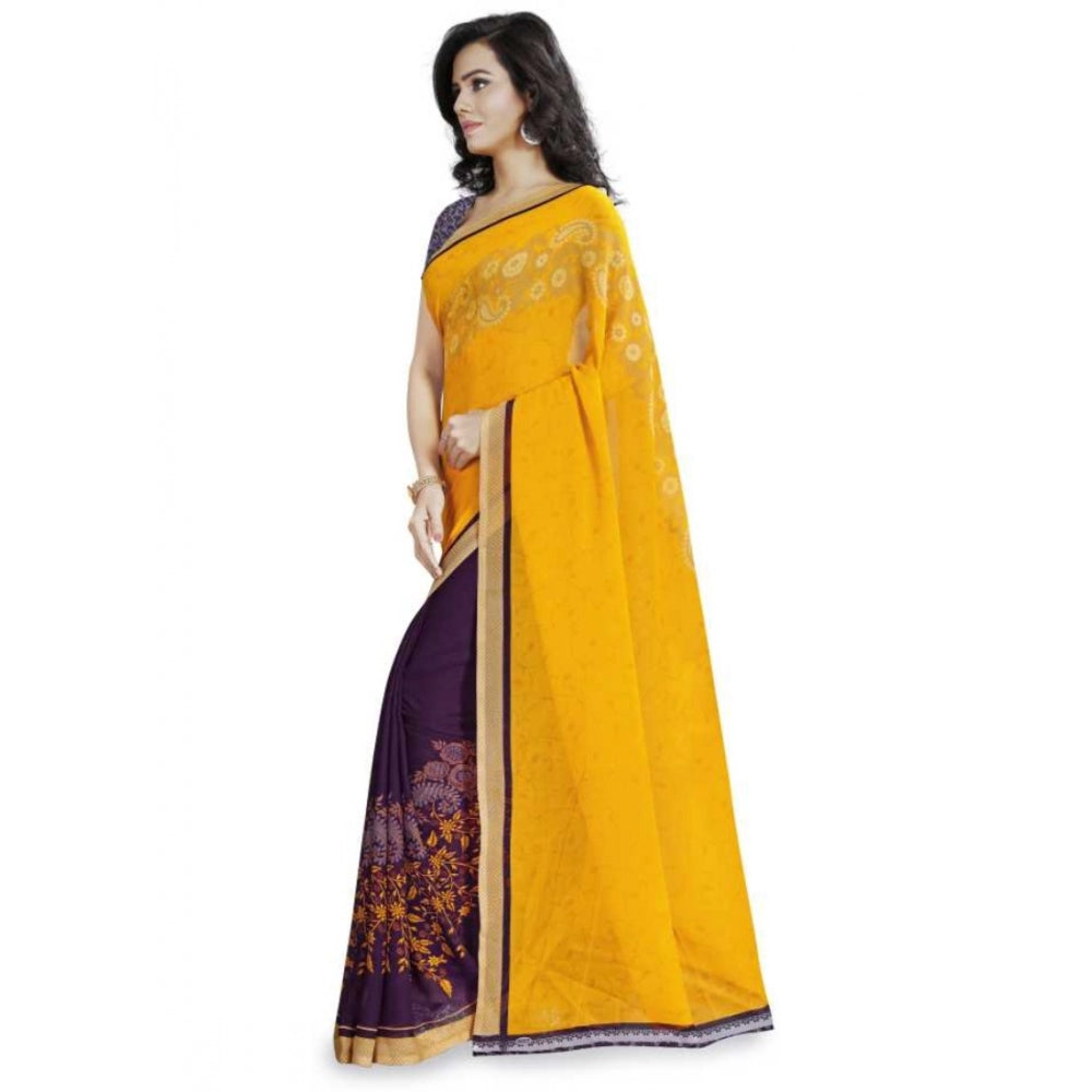 Printed Faux Georgette Yellow Color Saree - Noble Nook