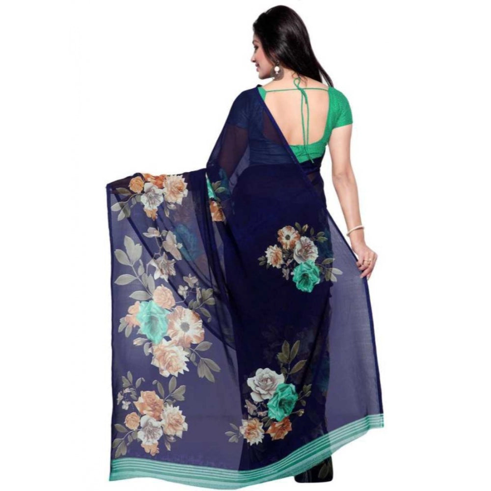 Printed Faux Georgette Blue Color Saree - Noble Nook