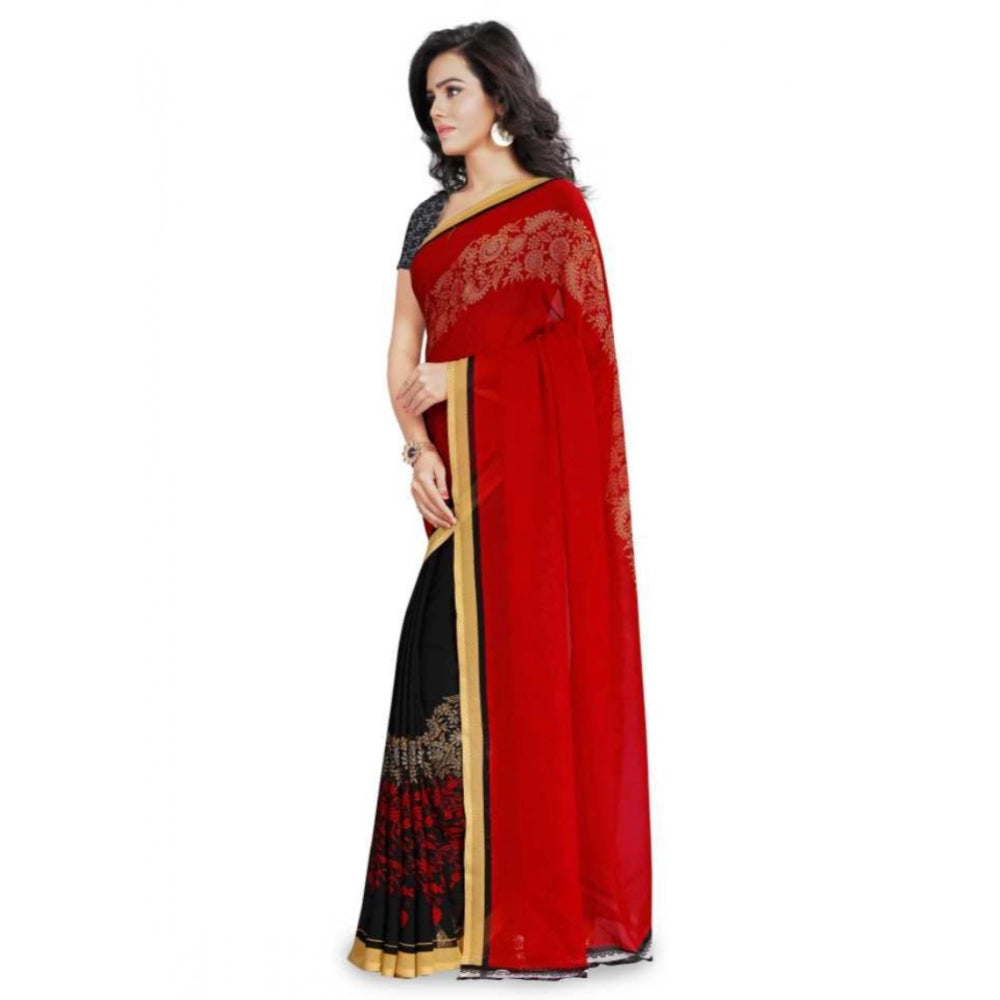 Printed Faux Georgette Red Color Saree - Noble Nook