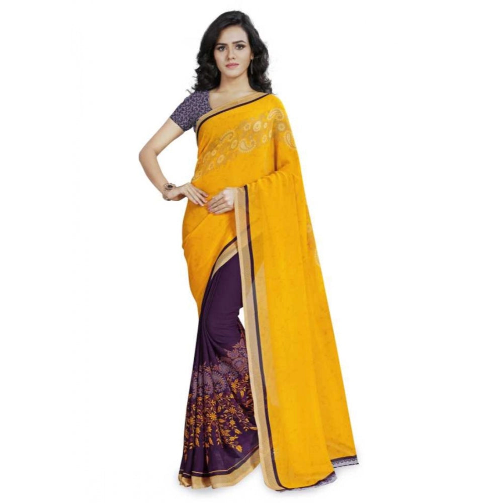 Printed Faux Georgette Yellow Color Saree - Noble Nook