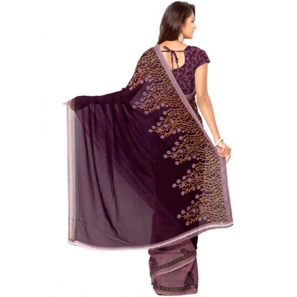 Printed Faux Georgette Wine Color Saree - Noble Nook