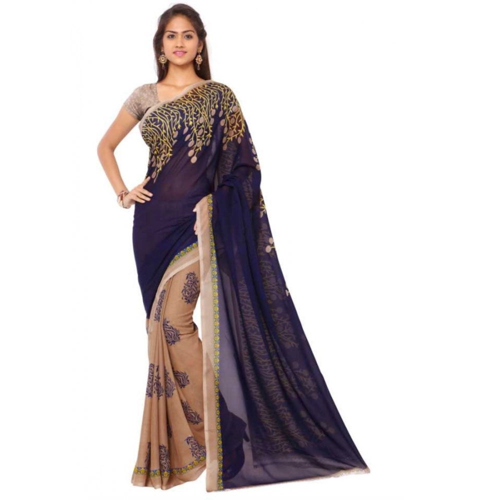 Printed Faux Georgette Blue Color Saree - Noble Nook