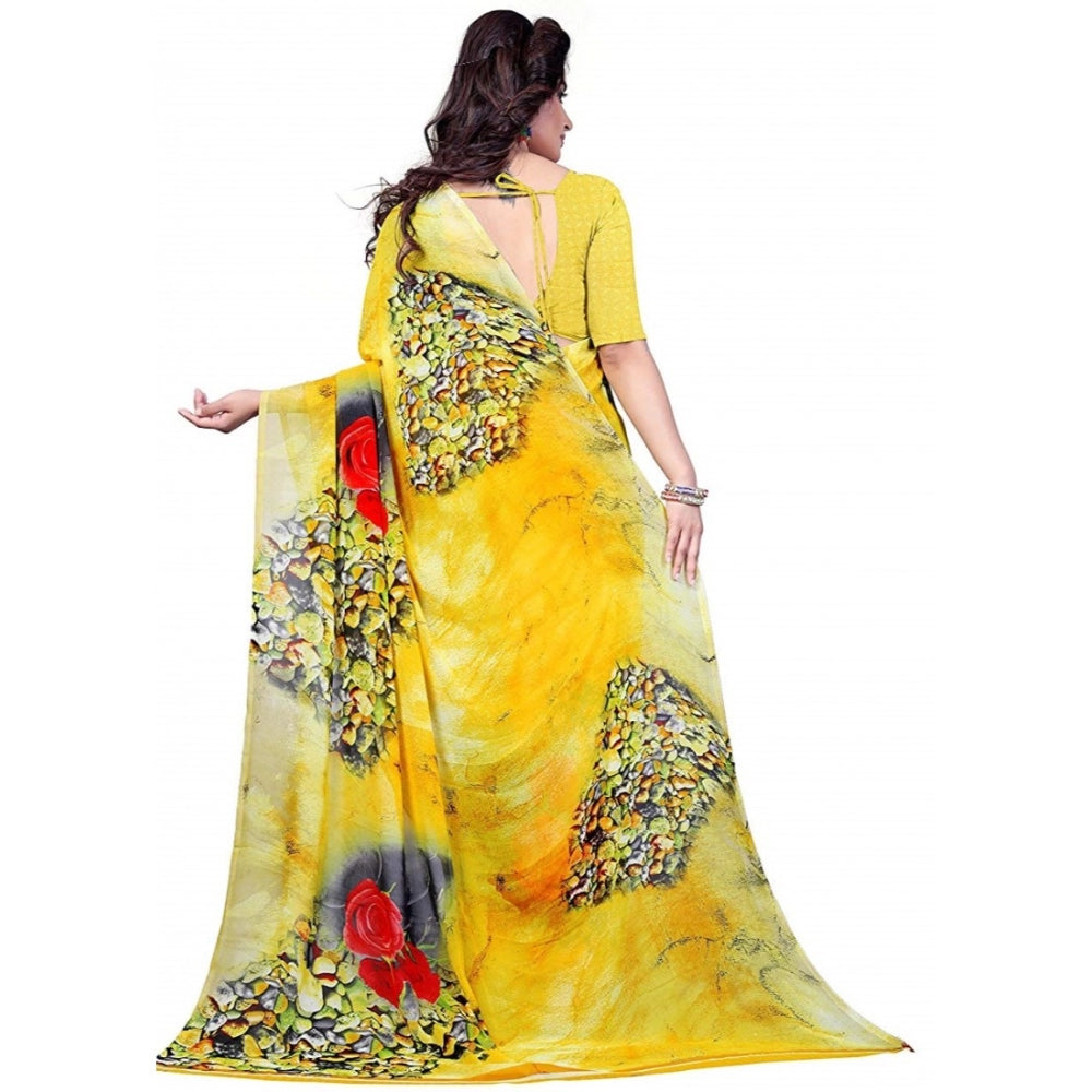 Printed Faux Georgette Yellow Color Saree - Noble Nook