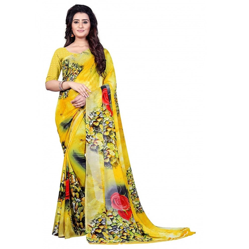 Printed Faux Georgette Yellow Color Saree - Noble Nook