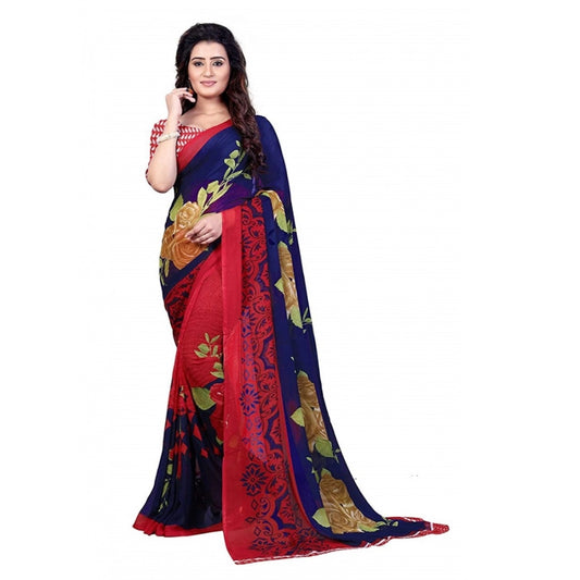 Printed Faux Georgette Blue Color Saree - Noble Nook