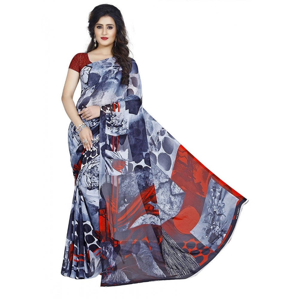 Printed Faux Georgette Black Color Saree - Noble Nook