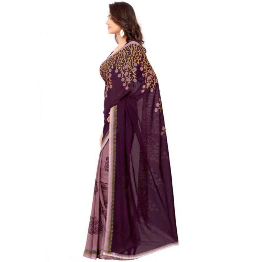 Printed Faux Georgette Wine Color Saree - Noble Nook