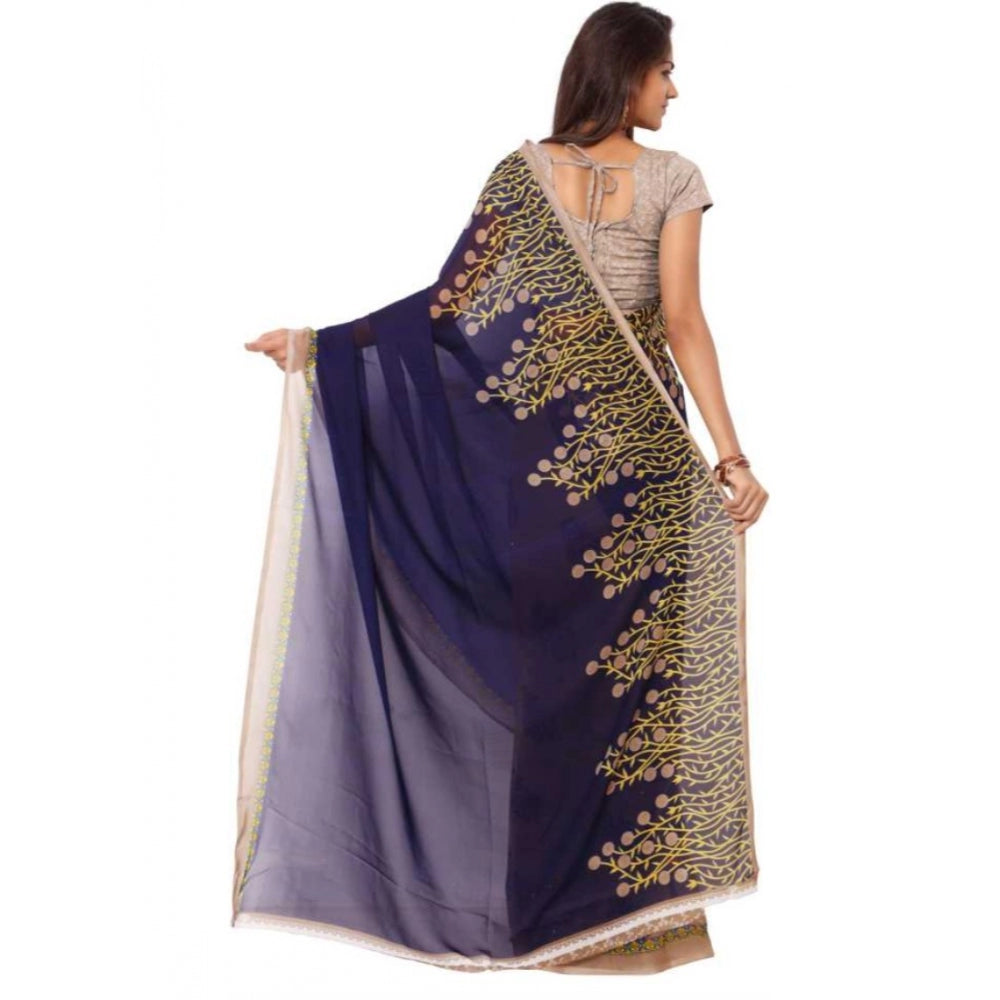 Printed Faux Georgette Blue Color Saree - Noble Nook