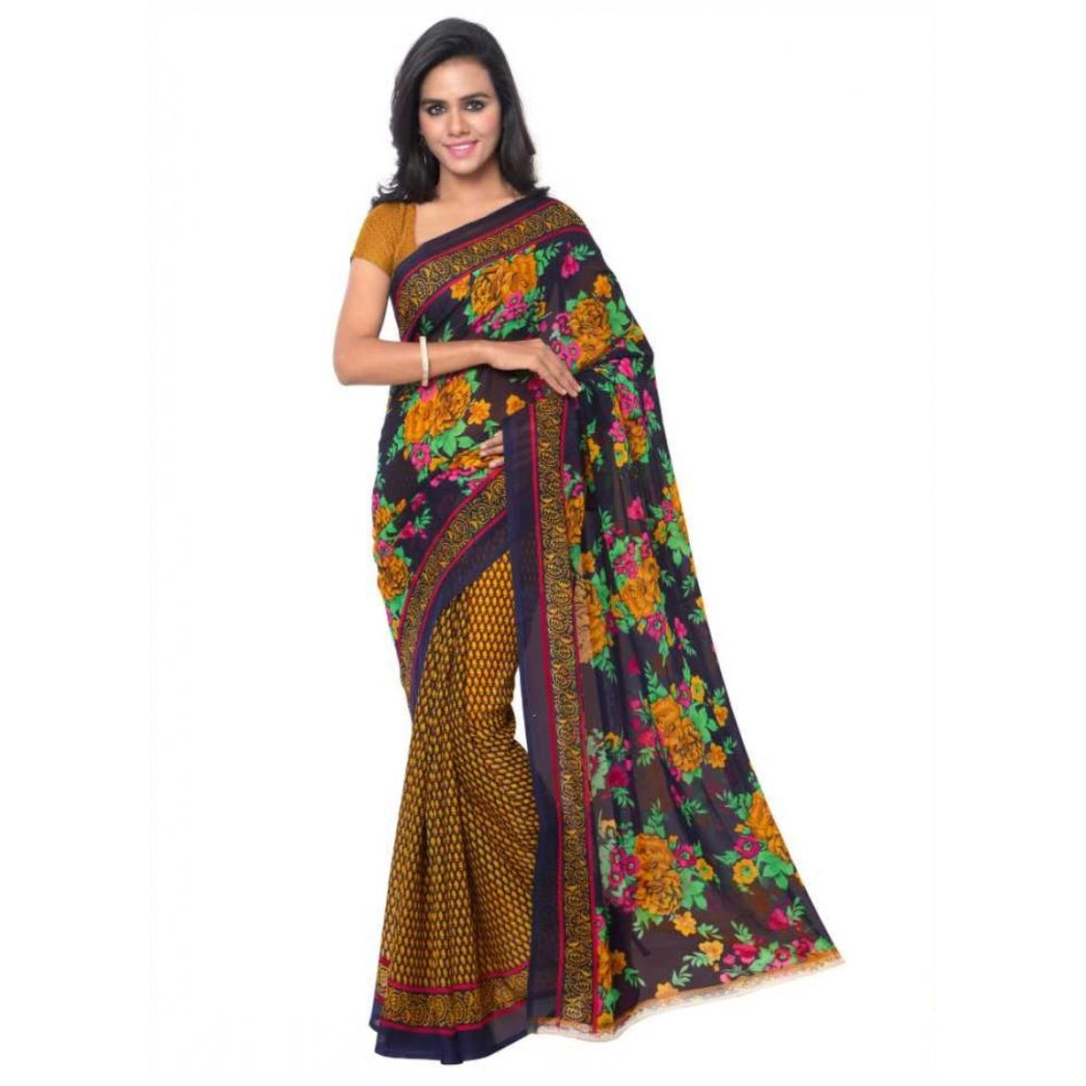 Printed Faux Georgette Gold Color Saree - Noble Nook