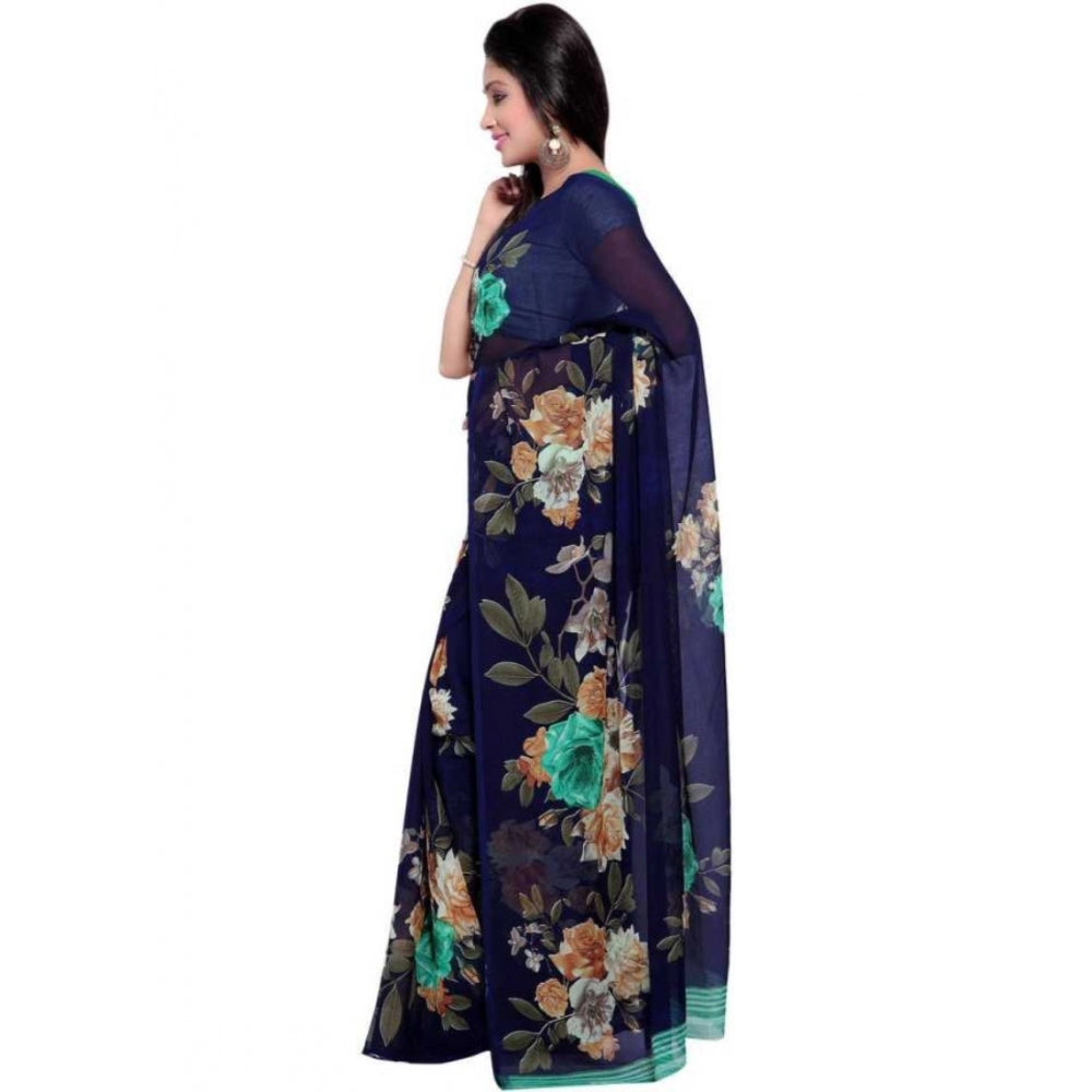 Printed Faux Georgette Blue Color Saree - Noble Nook