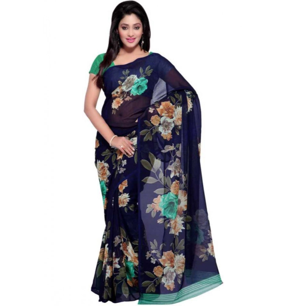 Printed Faux Georgette Blue Color Saree - Noble Nook