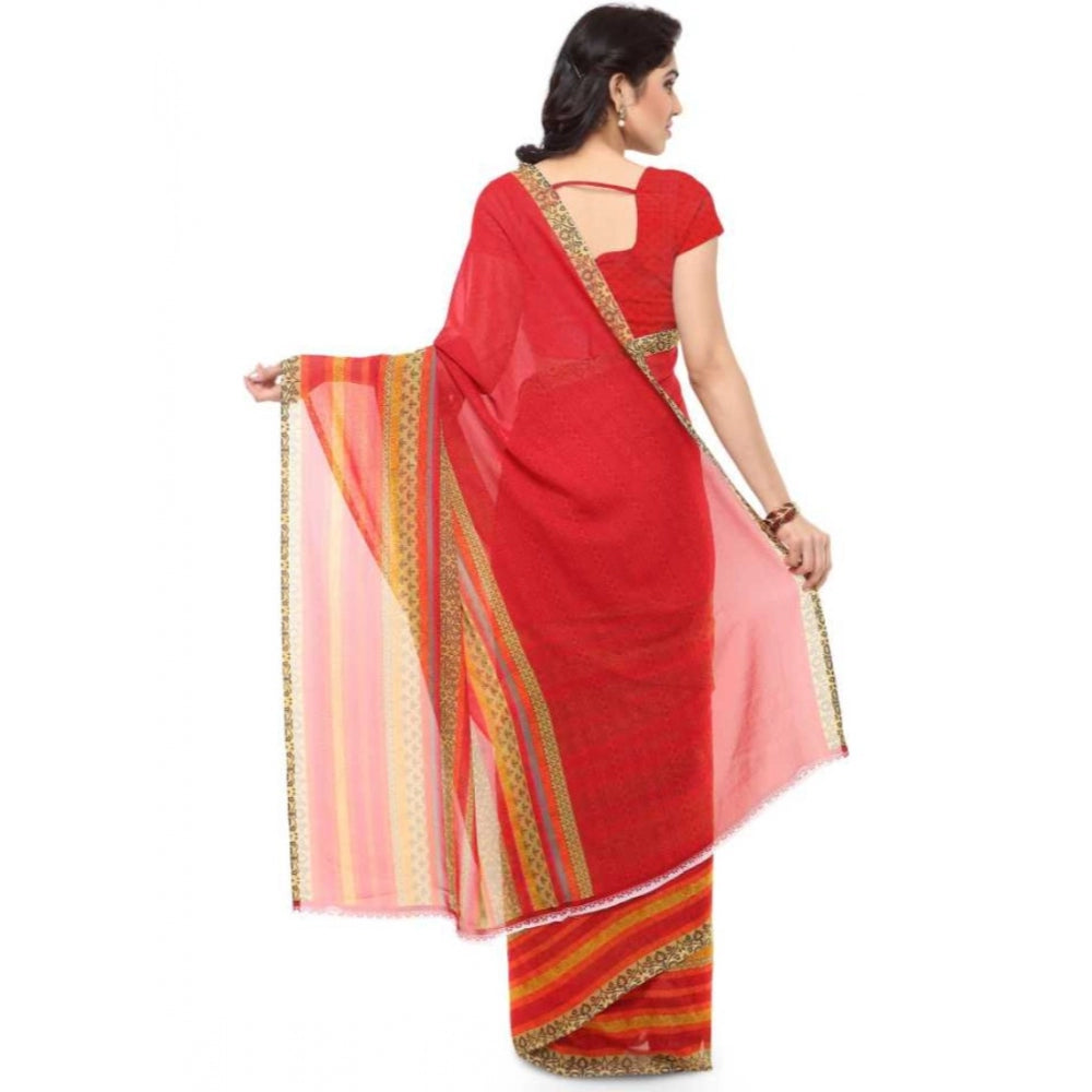 Printed Faux Georgette Red Color Saree - Noble Nook