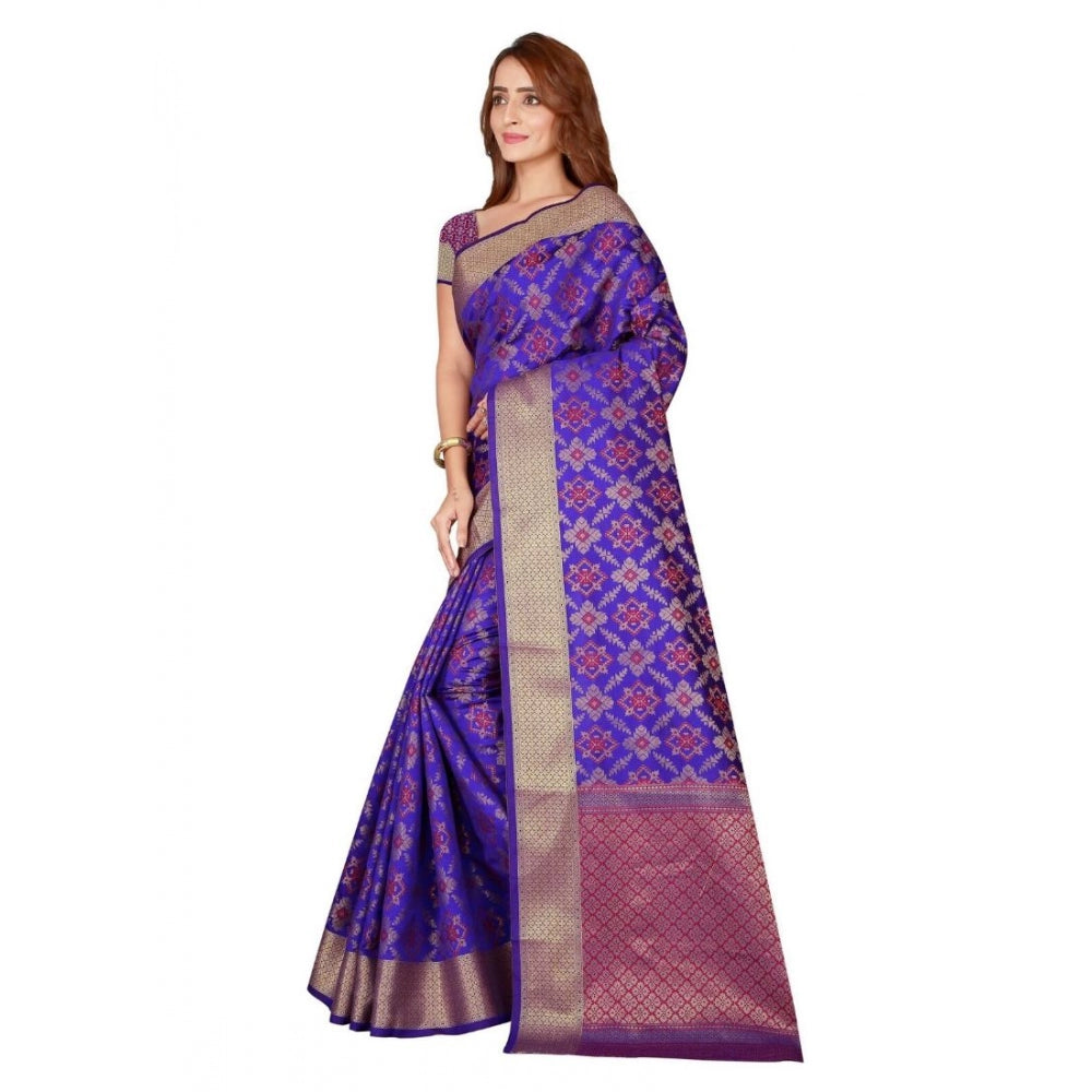 Generic Women's Kanjivaram Silk Saree with Blouse (Blue, 5-6 Mtrs) - Noble Nook