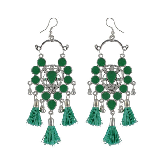 Generic Women's Silver Plated Afgani Tassel Earrings-Green - Noble Nook