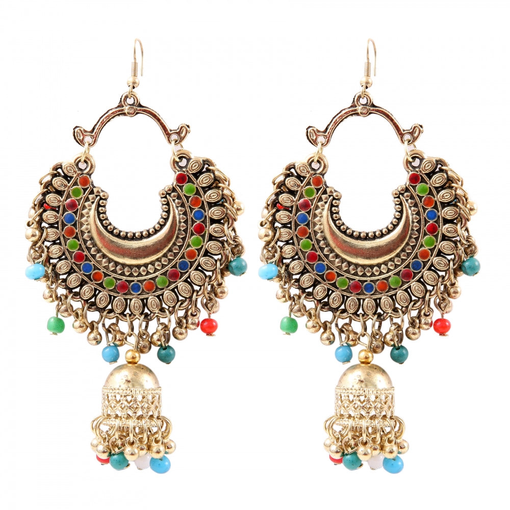 Generic Women's Oxidized Gold plated Hook Dangler Hanging Jhumki Earrings-Multicolour - Noble Nook