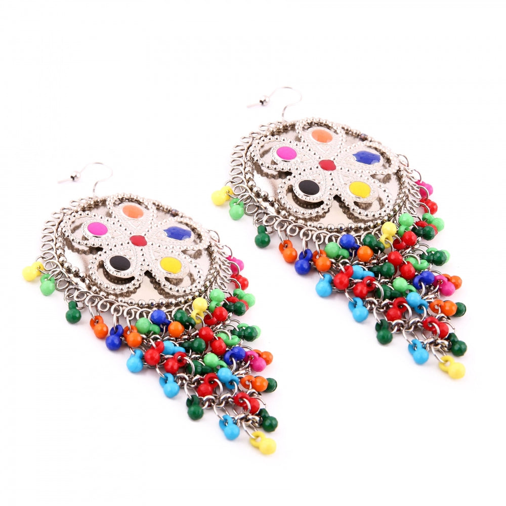 Generic Women's Silver Oxidized Hook Dangler Hanging Afgani Tribal Fancy Earrings-Multicolour - Noble Nook