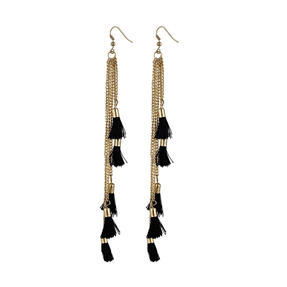 Generic Women's Alloy, Beads Hook Dangler Hanging Tassel Earrings-Black - Noble Nook