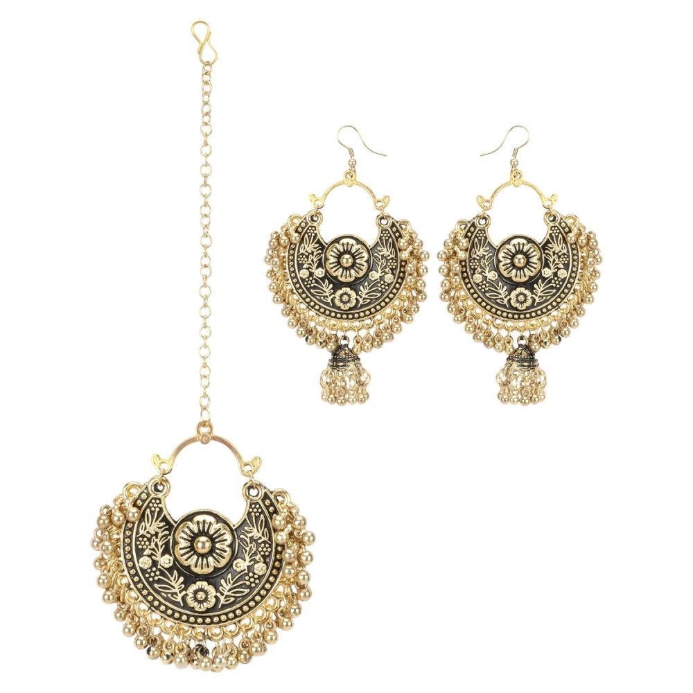 Generic Women's Gold Oxidized Earrings and Maang Tikka-Black - Noble Nook