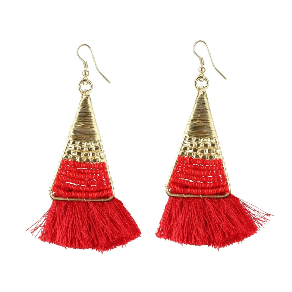 Generic Women's Alloy Hook Dangler Hanging Tassel Earrings-Red - Noble Nook