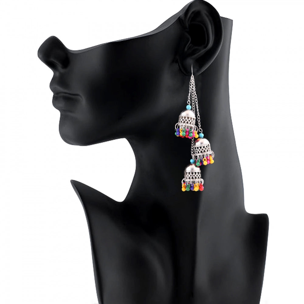 Generic Women's Silver Oxidized Hook Dangler Hanging Earrings-Multicolour - Noble Nook