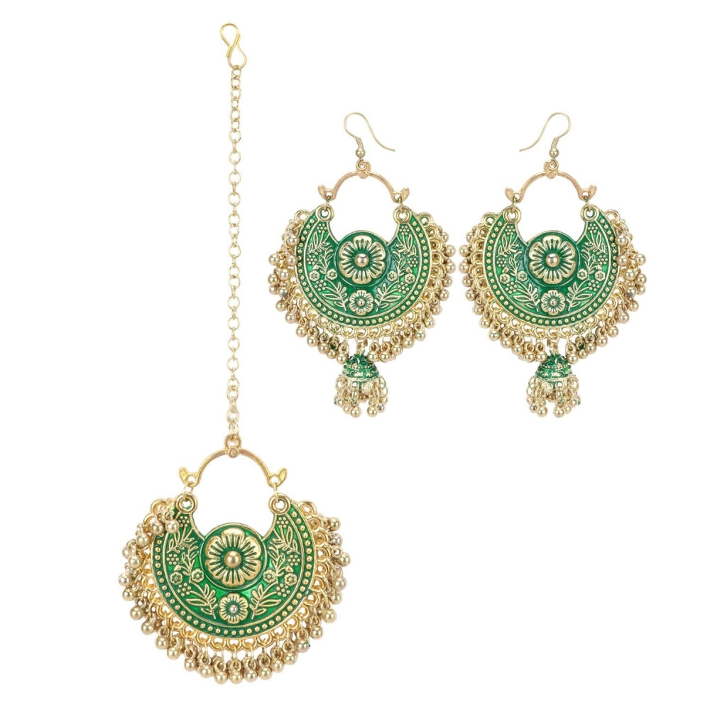 Generic Women's Gold Oxidized Earrings and Maang Tikka-Green - Noble Nook