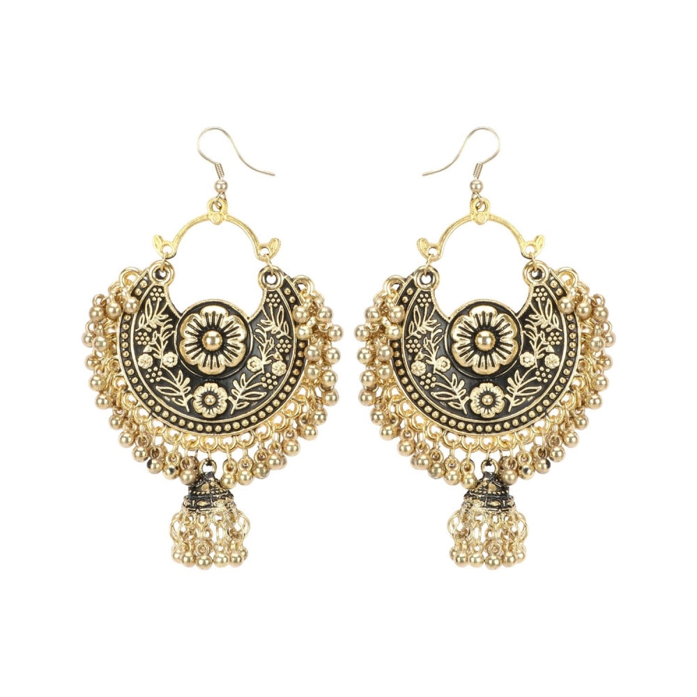 Generic Women's Gold Oxidized Earrings and Maang Tikka-Black - Noble Nook