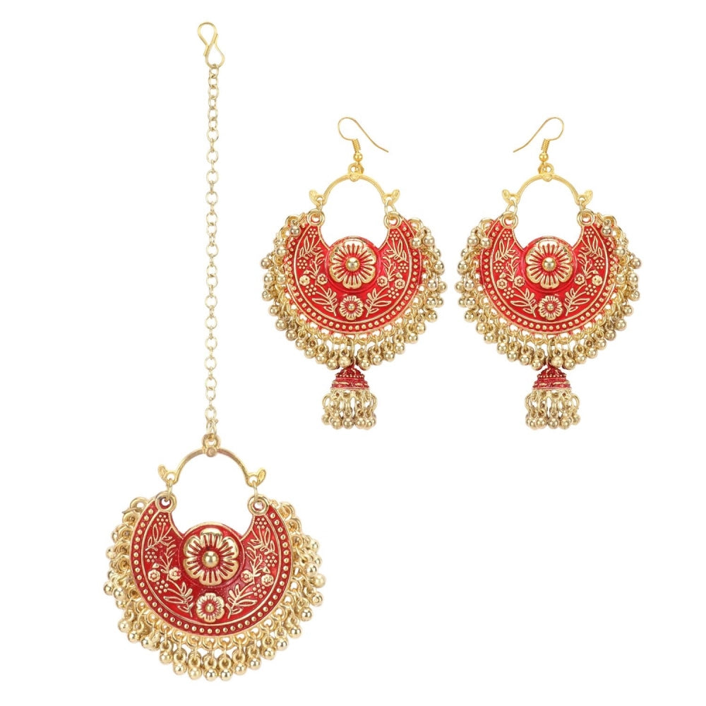 Generic Women's Gold Oxidized Earrings and Maang Tikka-Red - Noble Nook