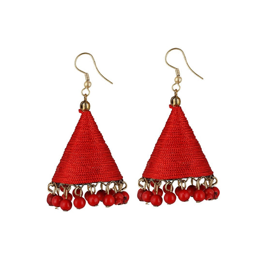 Generic Women's Thread Hook Dangler Hanging Jhumki Earrings-Red - Noble Nook