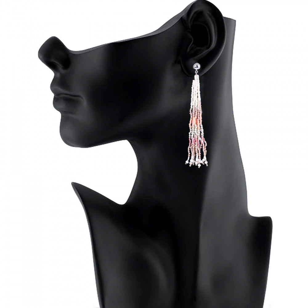 Generic Women's Alloy, Beads Hook Dangler Hanging Thread Earrings-Pink - Noble Nook