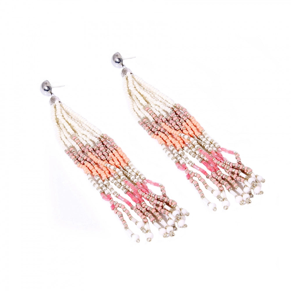 Generic Women's Alloy, Beads Hook Dangler Hanging Thread Earrings-Pink - Noble Nook