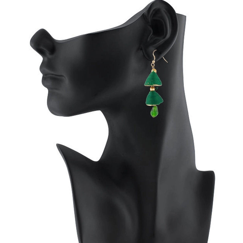 Generic Women's Thread Hook Dangler Hanging Jhumki Earrings-Green - Noble Nook