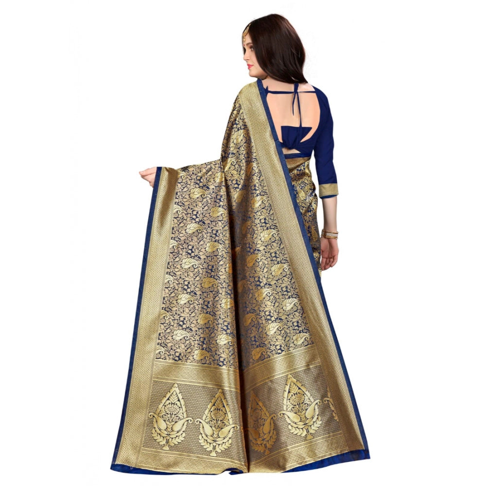 Generic Women's Banarasi silk Saree with Blouse (Navy blue, 5-6mtr) - Noble Nook