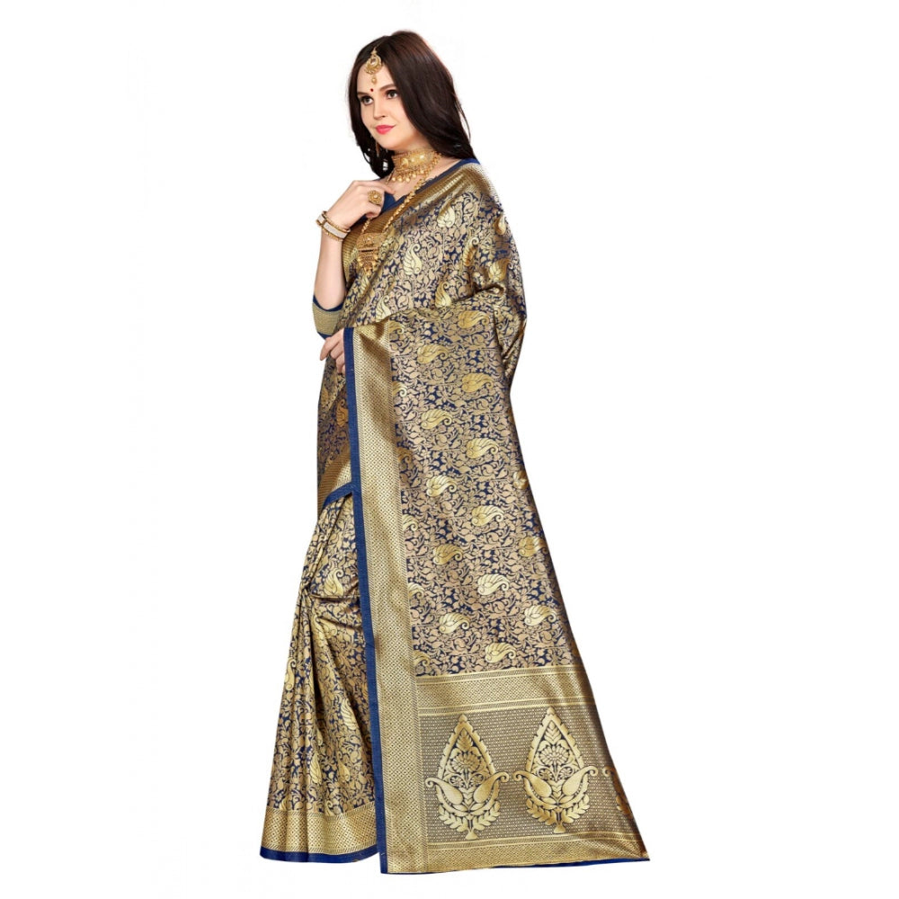 Generic Women's Banarasi silk Saree with Blouse (Navy blue, 5-6mtr) - Noble Nook