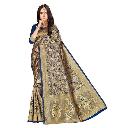 Generic Women's Banarasi silk Saree with Blouse (Navy blue, 5-6mtr) - Noble Nook