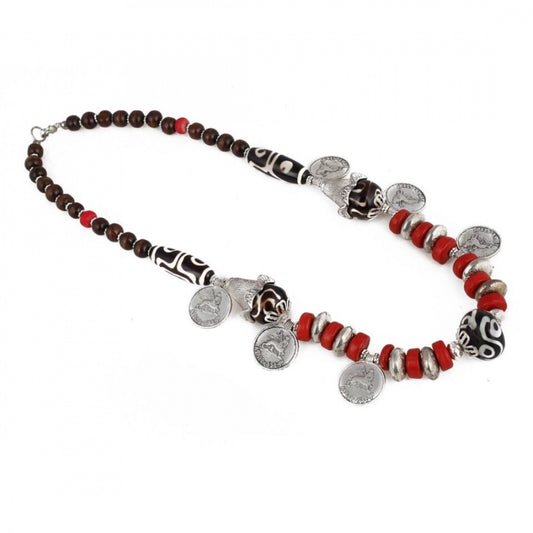 Designer Red Stone and Coin Tibetean Beads Necklace - Noble Nook