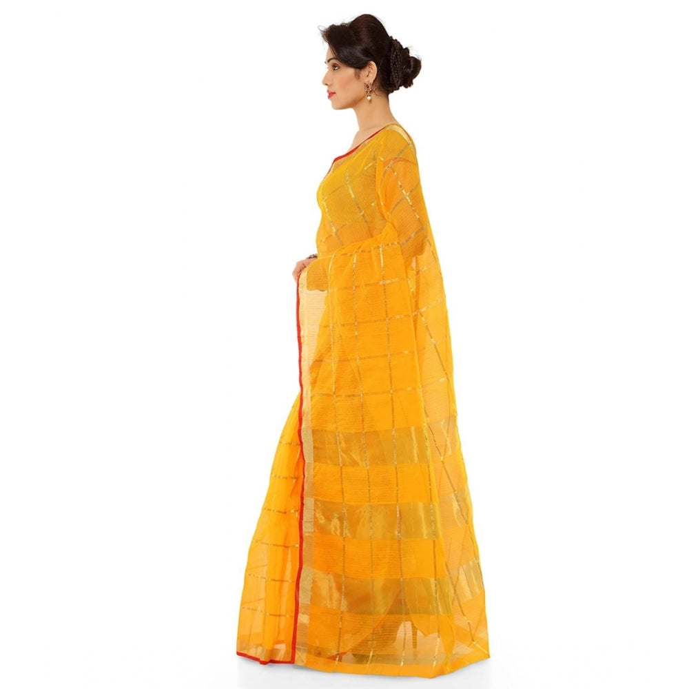 Generic Women's Kota Doria Cotton Saree With Blouse (Yellow,6-3 Mtrs) - Noble Nook