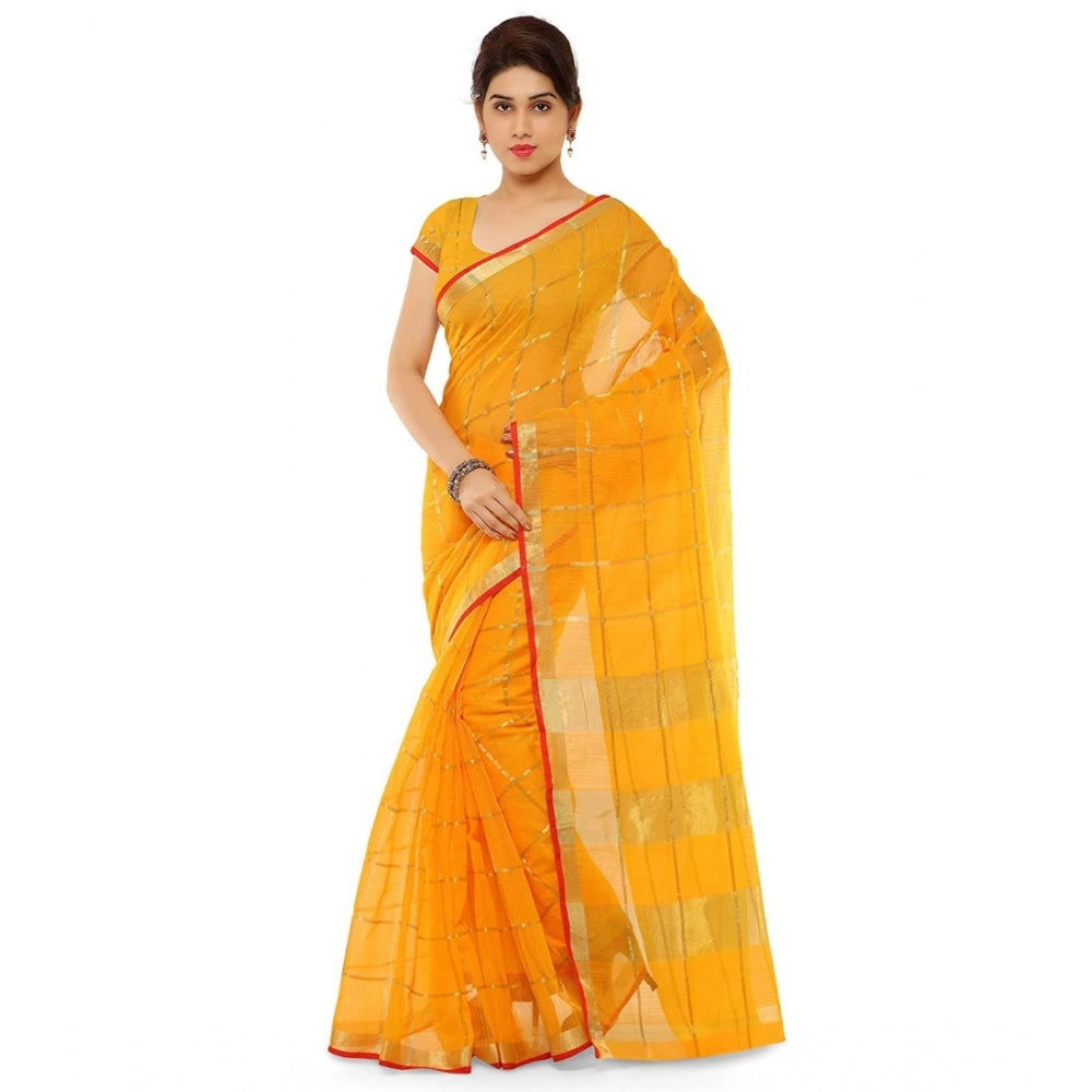 Generic Women's Kota Doria Cotton Saree With Blouse (Yellow,6-3 Mtrs) - Noble Nook