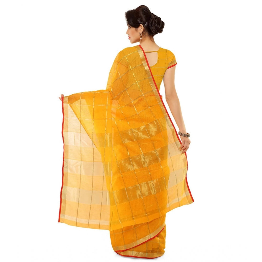 Generic Women's Kota Doria Cotton Saree With Blouse (Yellow,6-3 Mtrs) - Noble Nook